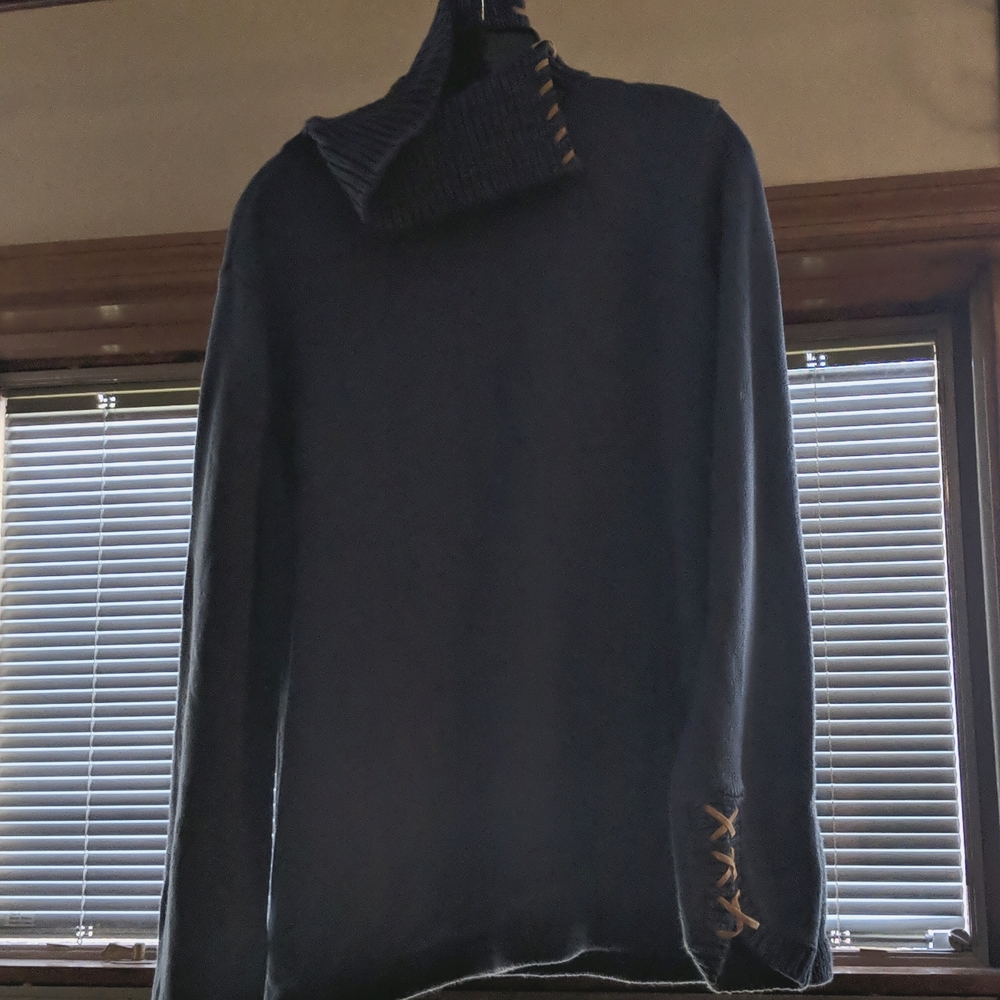 Women's blue cowl neck sweater w/suede accents
